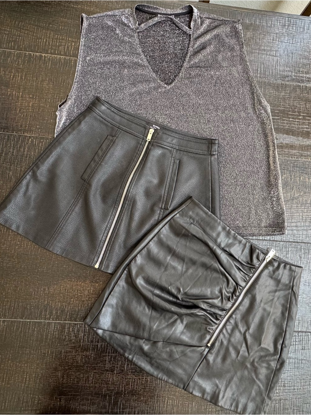 Bershka 3-Piece Outfit Bundle – Leather Mini Skirts & Glitter Top